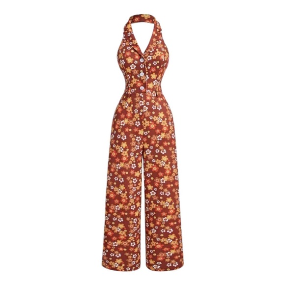Pants - Retro Vintage  Halter Jumpsuit - Flower Power 1970s Inspired